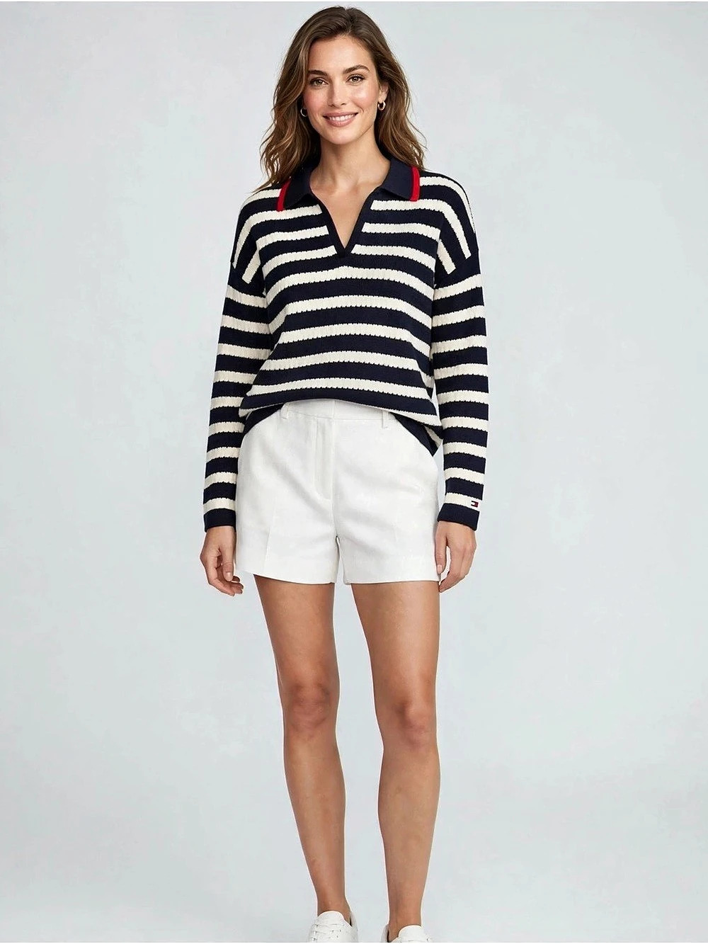 Tommy Hilfiger Breton Stripe Pointelle Sweater Polo Blue & White Large